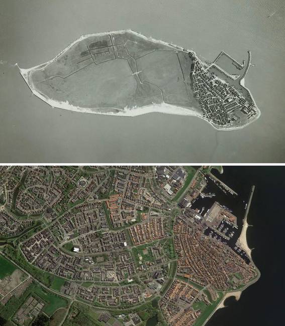 A hollandiai Urk község egykori szigete: 1930-ban és 2020-ban.