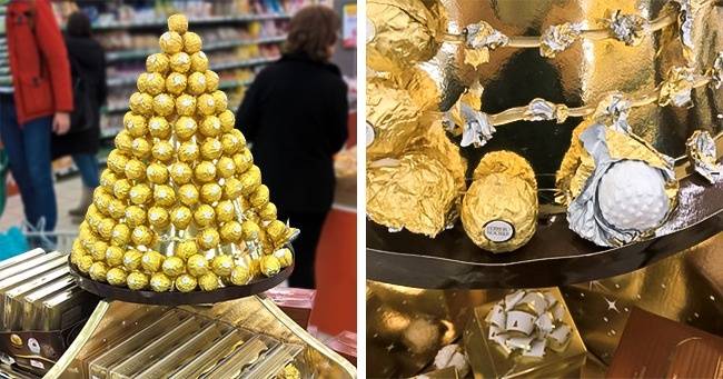 Egy kiállított Ferrero Rocher-piramis, ahol előre gondoltak a falánk vásárlókra és ezért nem csokikkal, hanem műanyag labdákkal töltötték fel.