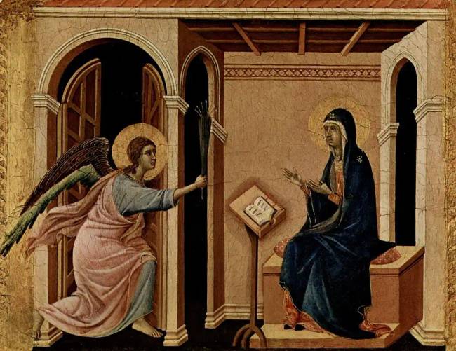Gábor arkangyal elhozza Szűz Máriának közelgő halála hírét (Duccio, Maestà).