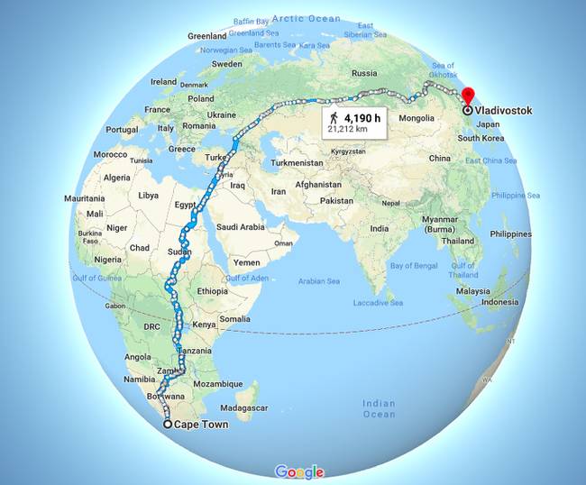 Egy internetező a Google Maps segítségével összeállította a leghosszabb sétaútvonalat. A 14 hónapon át tartó (napi 10 órával számolva) sétával Fokvárosból Vlagyivosztokba lehet eljutni.