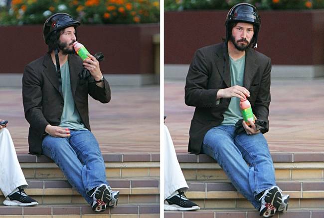 Keanu Reeves gyümölcslevet iszik és észreveszi, hogy valaki figyeli őt.
